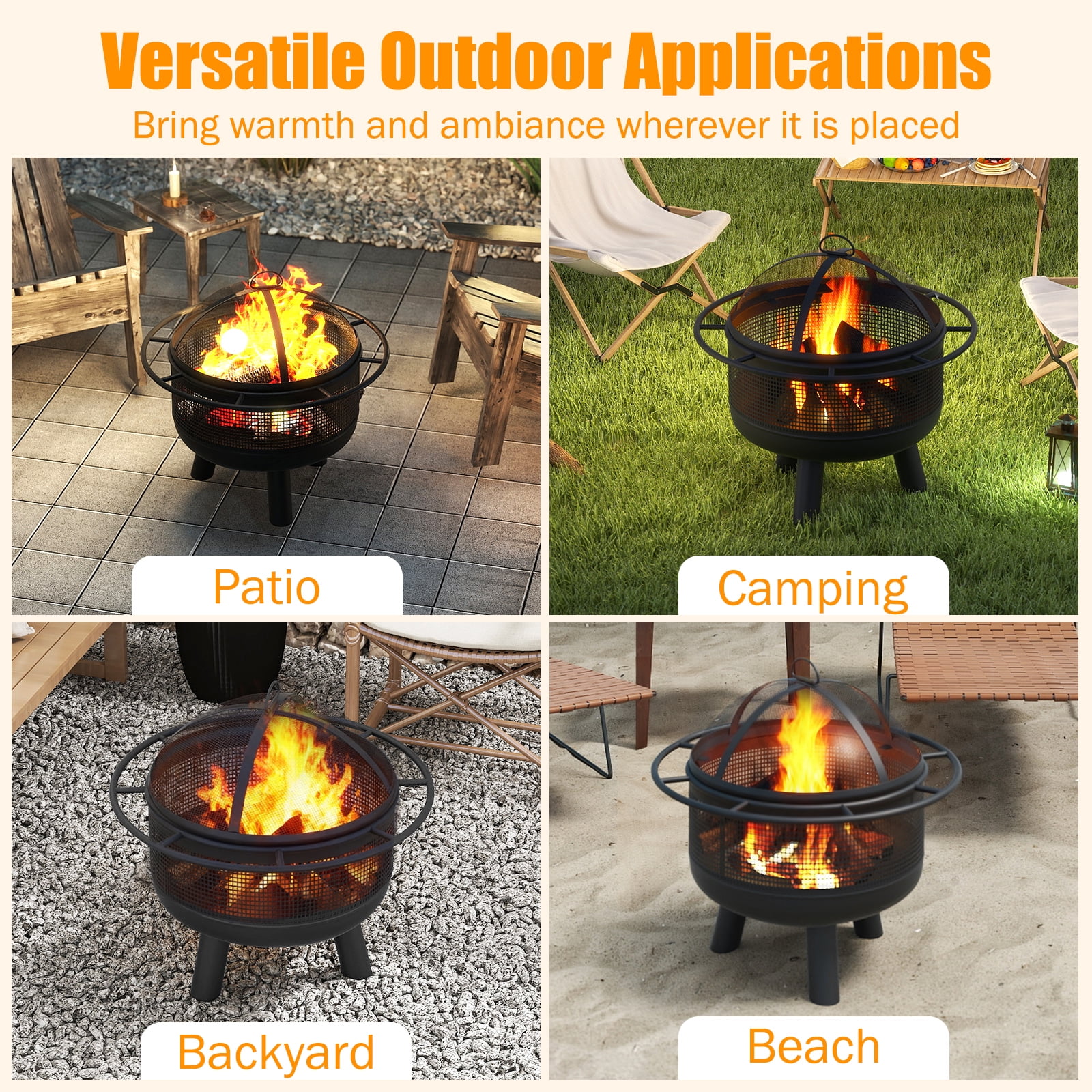Patiojoy 24" Wood Burning Fire Pit Portable Heavy Duty Firepit with Log Grate