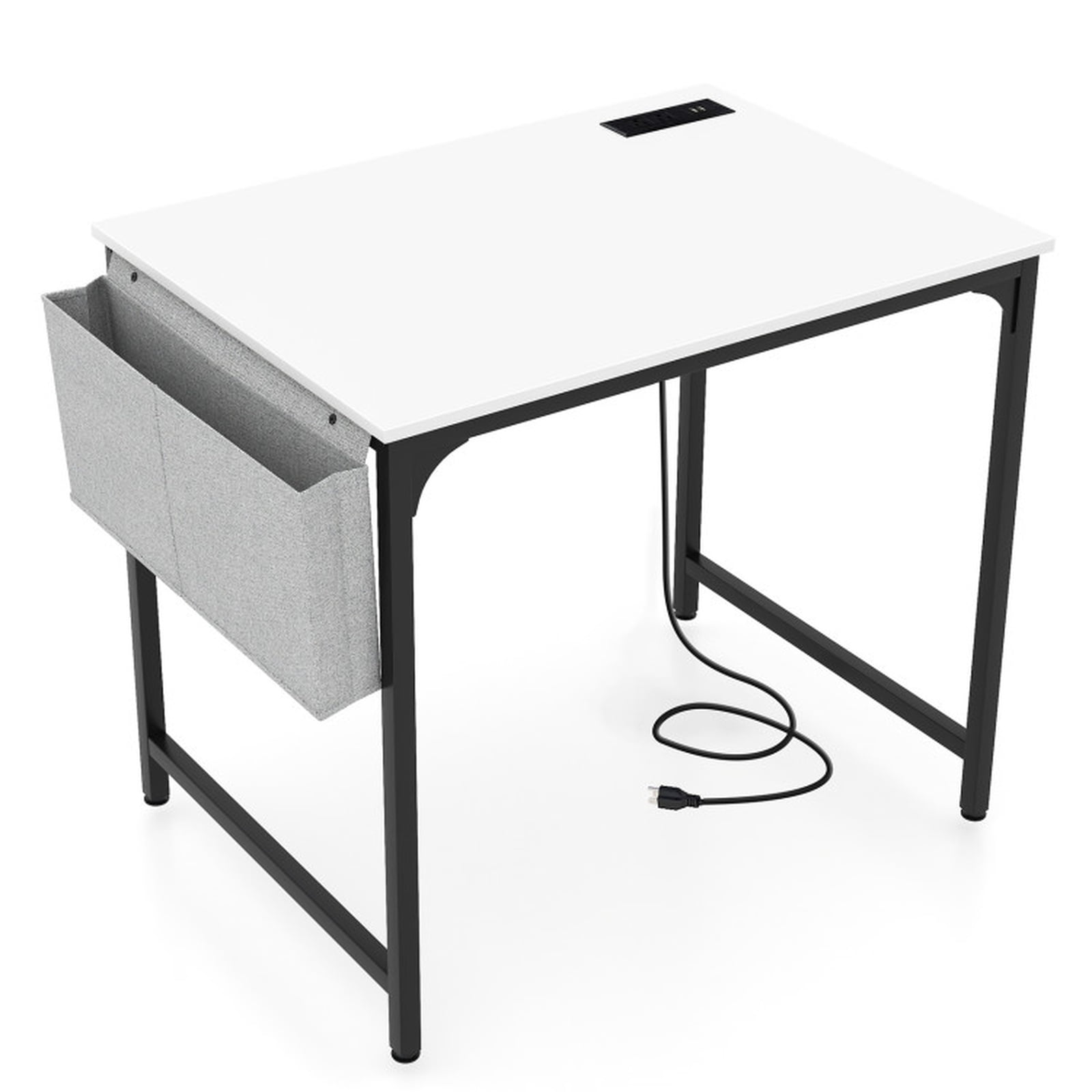 Furnibear 32 Inch Home Office Writing Desk with Charging Station Storage Bag and Headphone Hook - White