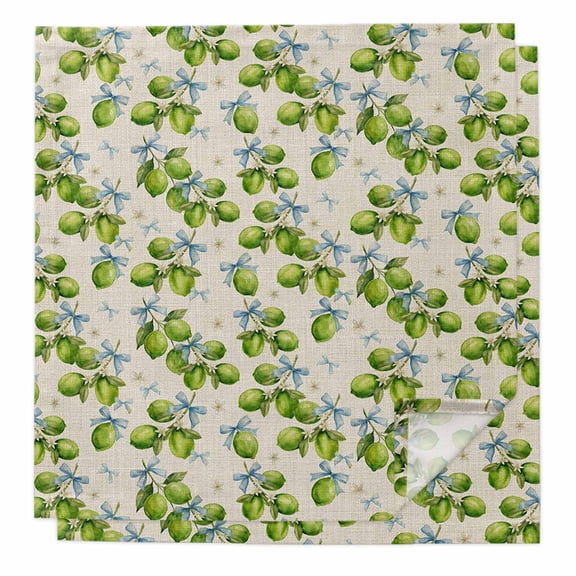 Green Lemons Cloth Napkins, Summer Watercolor Blue Bows Fruits on Linen Washable and Reusable Dinner Napkins Set of 2, Table Napkin for Kitchen Party Birthday Wedding Hotel Housewarming 20"x20"