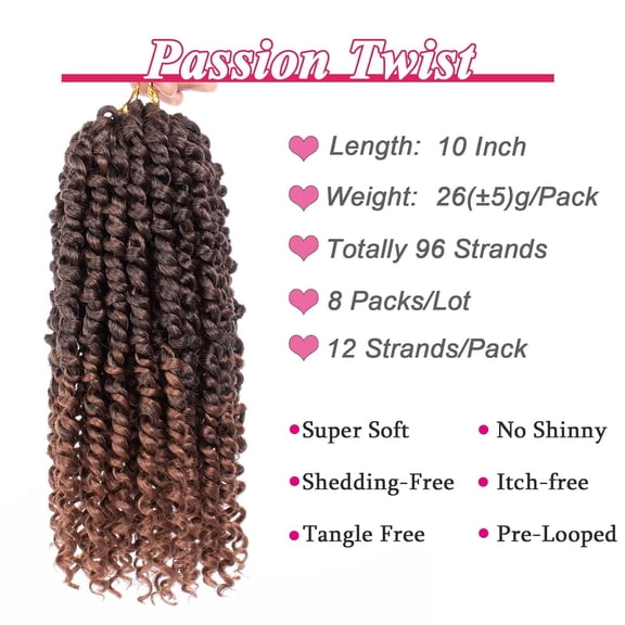 WEIF-8 Packs Ombre Brown Passion Twist Hair 10 Inch Pre Twisted Short Passion Spring Twist Crochet Braids Hair With Curls At The Ends Synthetic Bohemian Braiding Hair Extensions for Women T30#