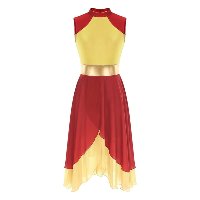 YONGHS Robe de Danse Lyrique pour Femmes Patchwork en Chiffon Color Block Costume Performance Tunique Rouge&Jaune S