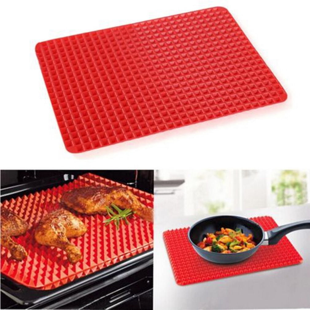 Gresunny 2pcs Silicone Baking Mats Heat Resistant Baking Cooking Mat Non-Slip Reusable Bakeware Pyramid Pan Non Stick Fat Reducing Silicone Cooking Mat Oven Baking Tray Mould Sheets Red&Green 