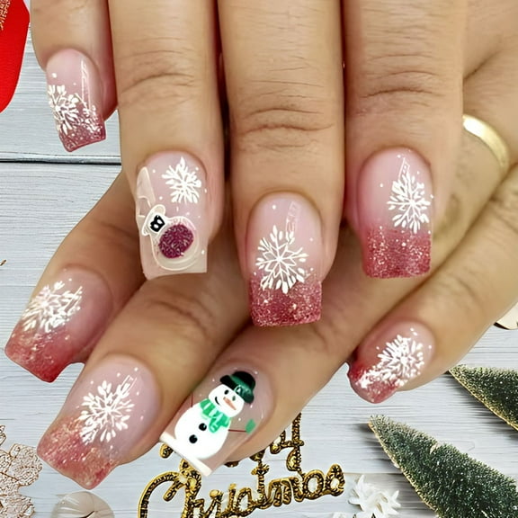 Yoyauz 24 Pcs Christmas Fake Nails Shiny Red And White Snowman Snowflake Short Fake Nails, Christmas Holiday Christmas Color Matching Nails For Winter Diy Nail Decoration