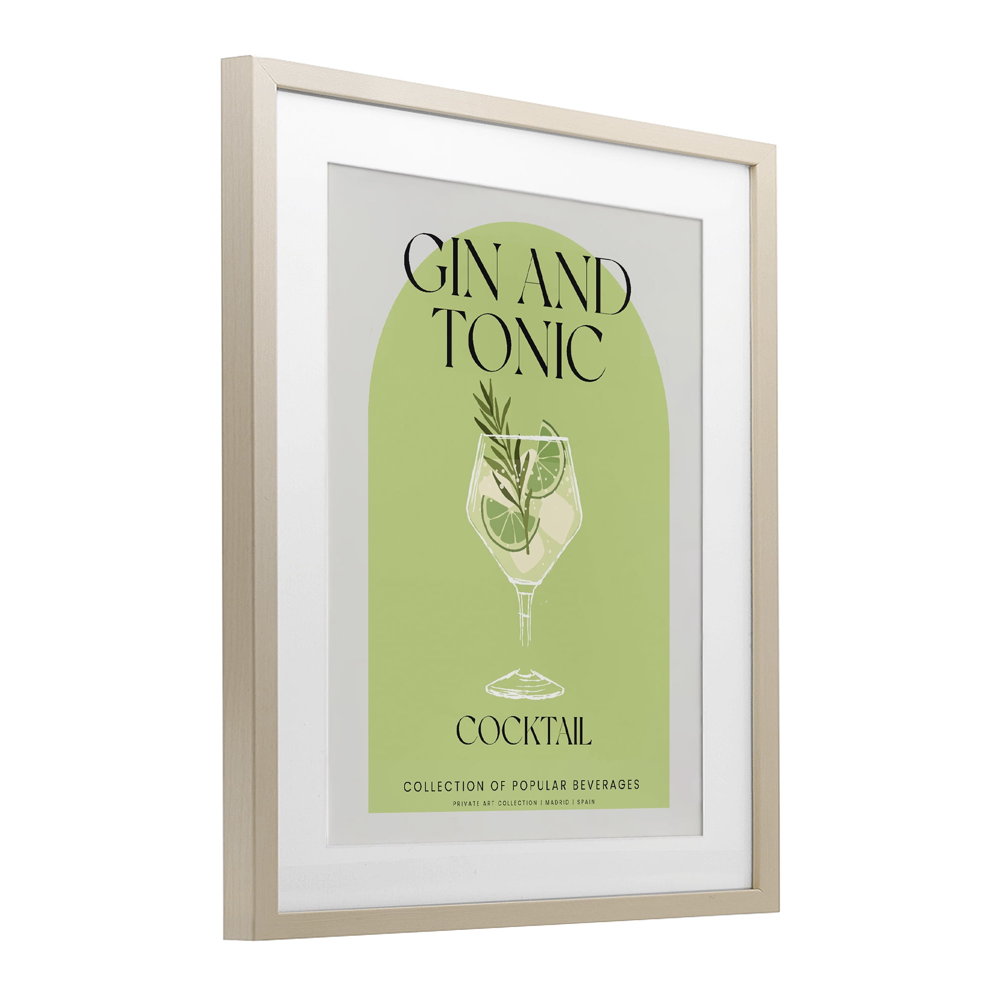 Stylish Retro Gin & Tonic Birch Framed Print Under Glass, design by Lil' Rue