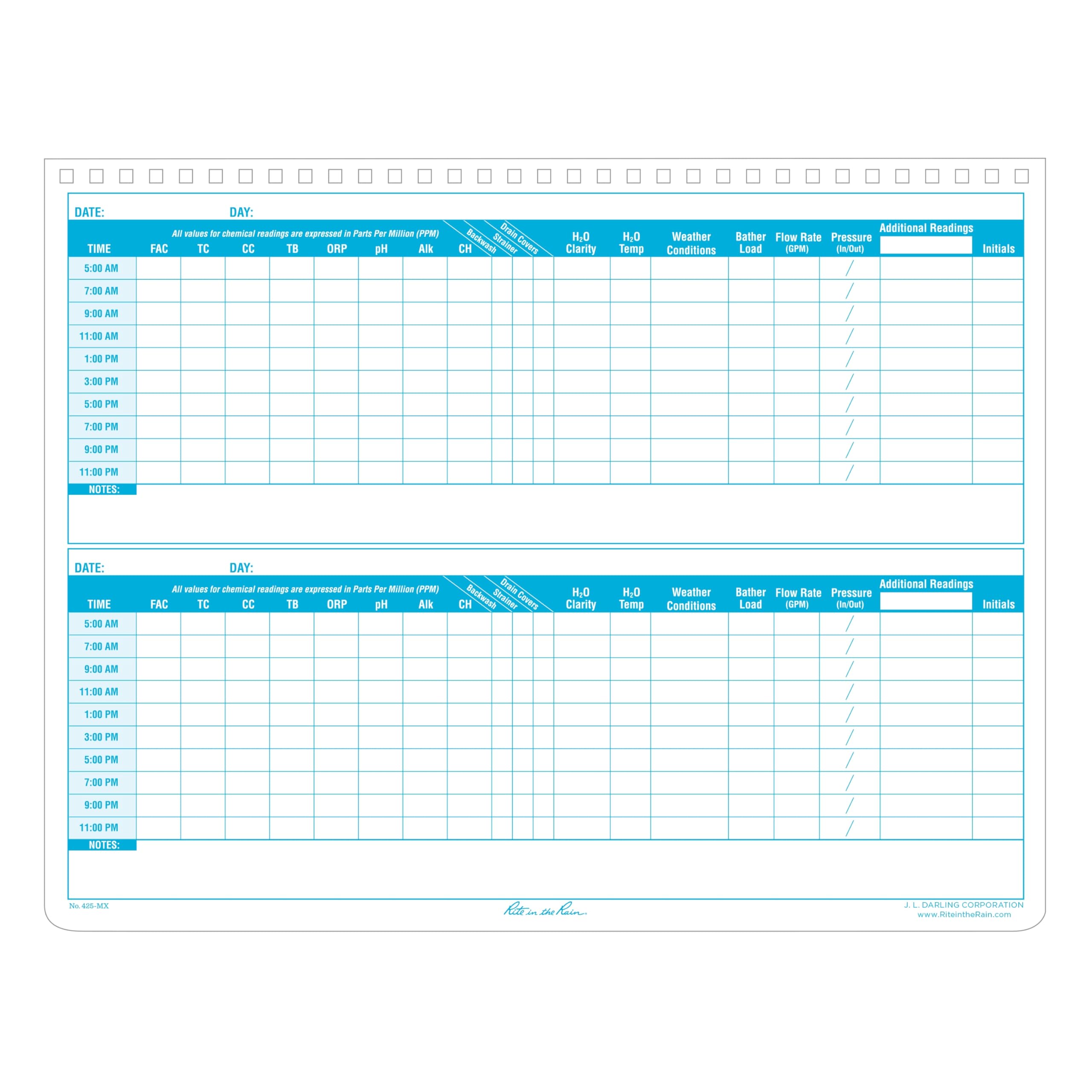 Rite in the Rain Weatherproof Side Spiral Notebook, 8.5" x 11", Yellow Cover, Commerical Pool & Spa Maintenance Log (No. 425-MX) CA1