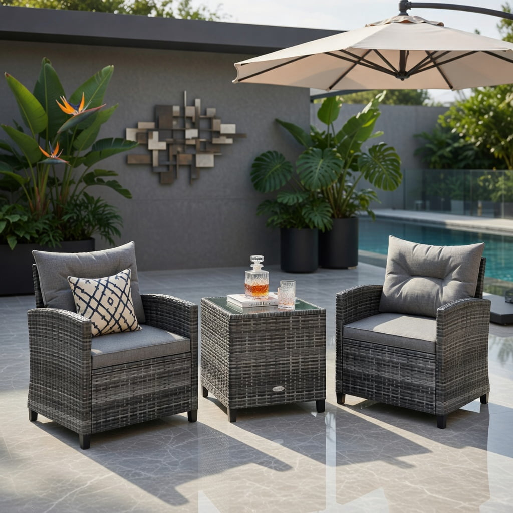 Hommoo 3-Piece Modern Outdoor Wicker Conversation Set, PE Rattan Sofa & Coffee Table with Tempered Glass Top, Weather-Resistant Cushions, Gray