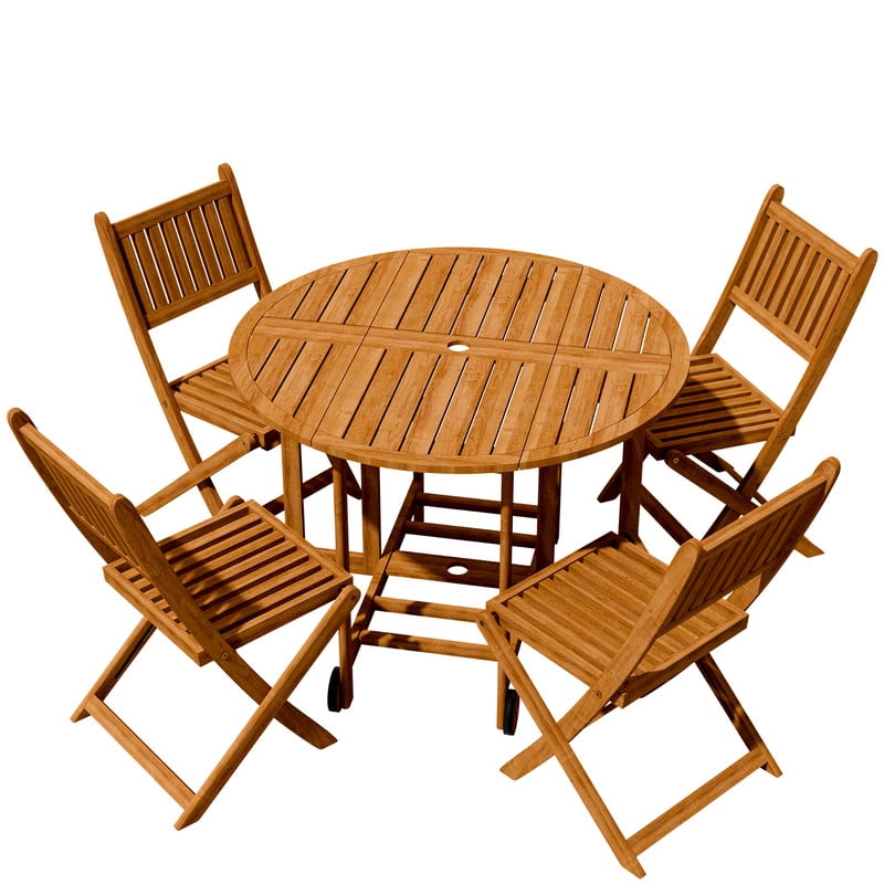 Vineego 5 Pieces Folding Patio Dining Set, Acacia Wood Round Table with 4 Chairs, Outdoor Furniture with Umbrella Hole for Deck, Garden