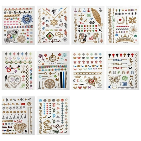 Bullseye Tattoo Designs - BMC Fashionable 10pc Colorful Mixed Metallic Design Temporary Hand Tattoo Bundle