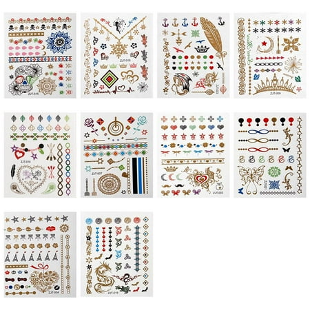 BMC Fashionable 10pc Colorful Mixed Metallic Design Temporary Hand Tattoo (Calum Best Tattoo Hand)