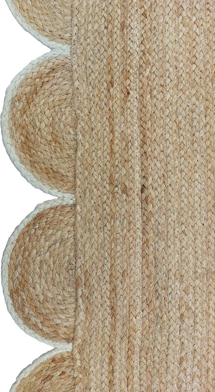 Scalloped Handwoven Natural Jute Area Rug, Off White Trim, 2'x3'