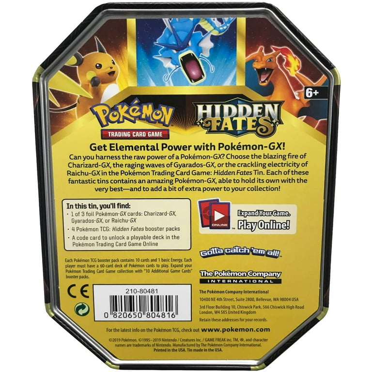 Pokemon TCG: SM11.5 Hidden Fates Gx Tin - Raichu + 1 de 3 cartas Pokémon-GX  + 4 Booster Pack : : Brinquedos e Jogos