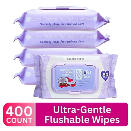 Violet Vibes Women Wet Flushable Wipes, Plant-Based, Gentle on Sensitive Skin, Coconut Rose, 4 Pack, 400 Total Wipes
