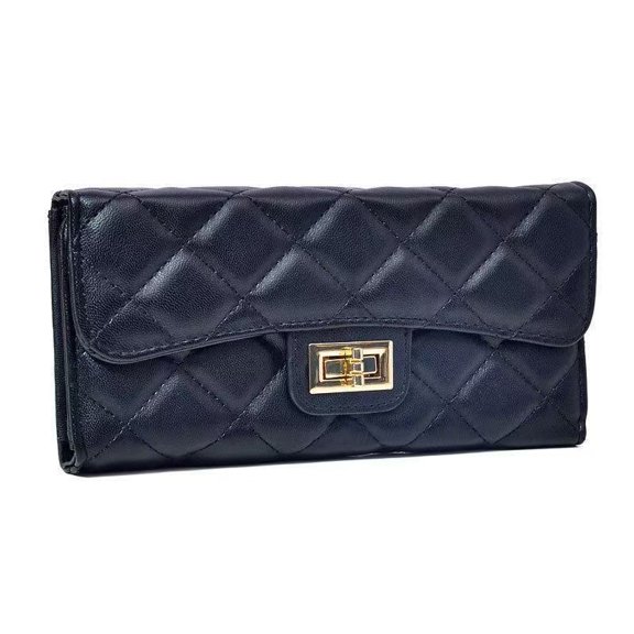 Bumou Women's Long Wallet, Quilted PU Leather Flap Wallet with Snap Closure, Card Holder, ID Window and Zipper Compartment Case Female Purse