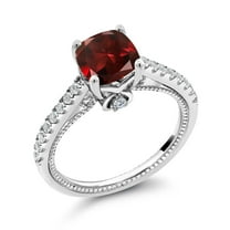 Gem Stone King 925 Sterling Silver Cushion Gemstone Red Garnet and White Created Sapphire Engagement Ring for Women (2.15 Cttw, Gemstone Birthstone, Available in Size 5, 6, 7, 8, 9)