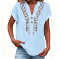 thumbnail image 2 of ClodeEU Women's V Neck Short Sleeve Embroidered Blouse,Casual Loose Fit Button Top Light Blue,Women's Plus XXXL, 2 of 6