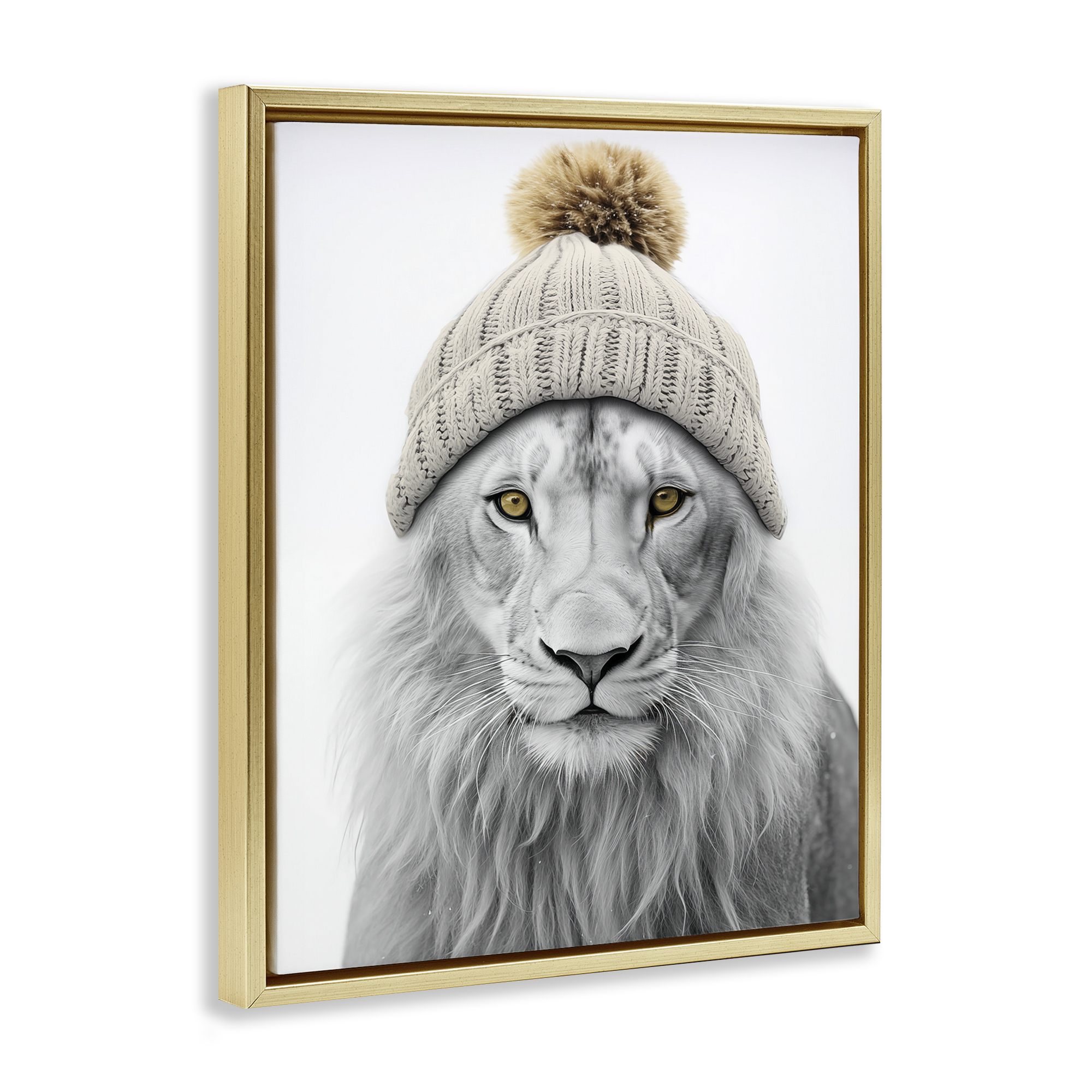 Stupell Industries Lion in Winter Hat Animals & Insects Painting Gold Floater Framed Canvas Art Print Wall Art, 25 x 31