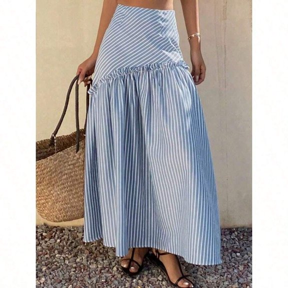 Blue Striped High-Waist Tiered Maxi Skirt With Ruffle Waist