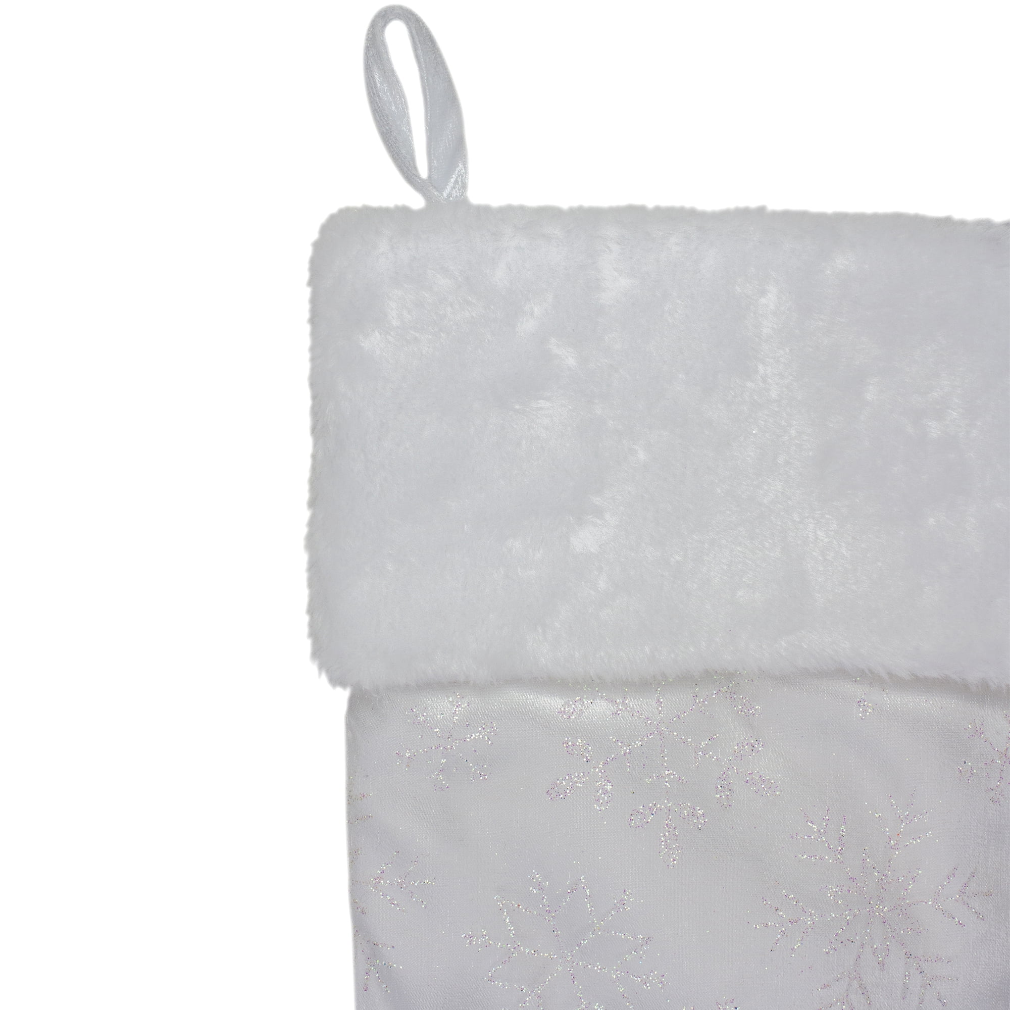 20" White Iridescent Glittered Snowflake Christmas Stocking with White Faux Fur Cuff