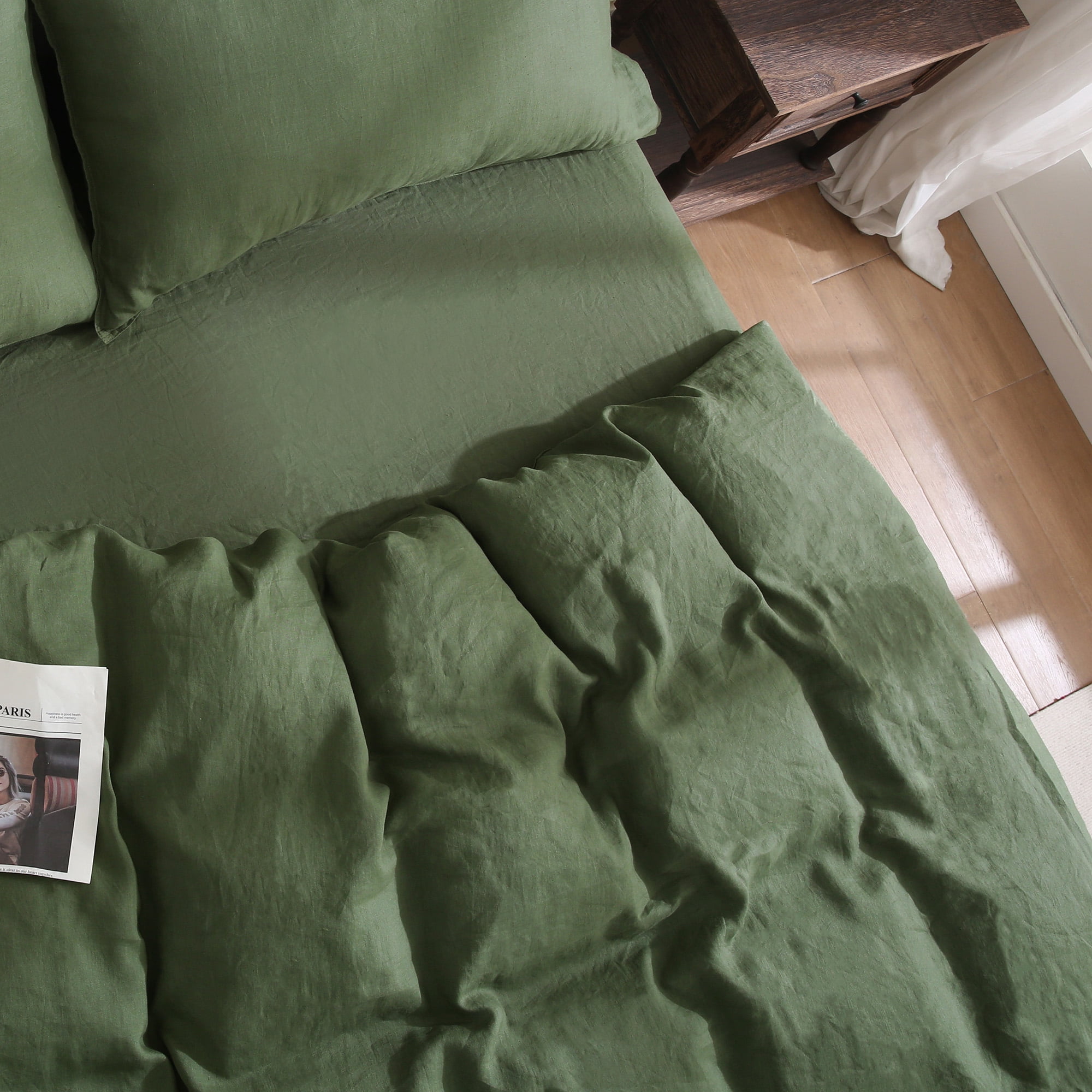 100% Pure Linen Duvet Cover with Button Closure and Corner Ties Soft & Breathable - Green Full/Queen