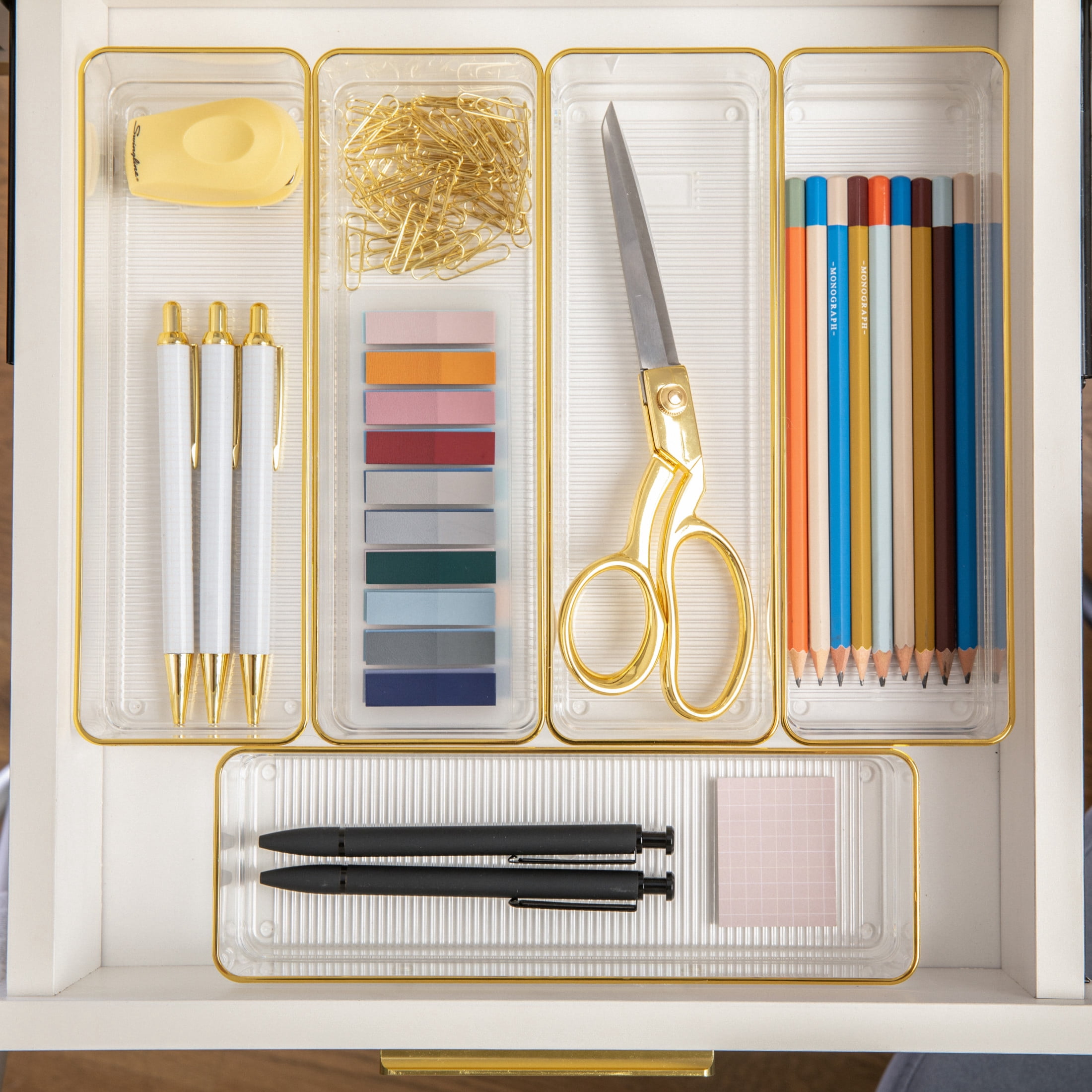 Martha Stewart Kerry 6 Pack Plastic Stackable Office Desk Drawer Organizers with Gold Trim, 12" x 3"