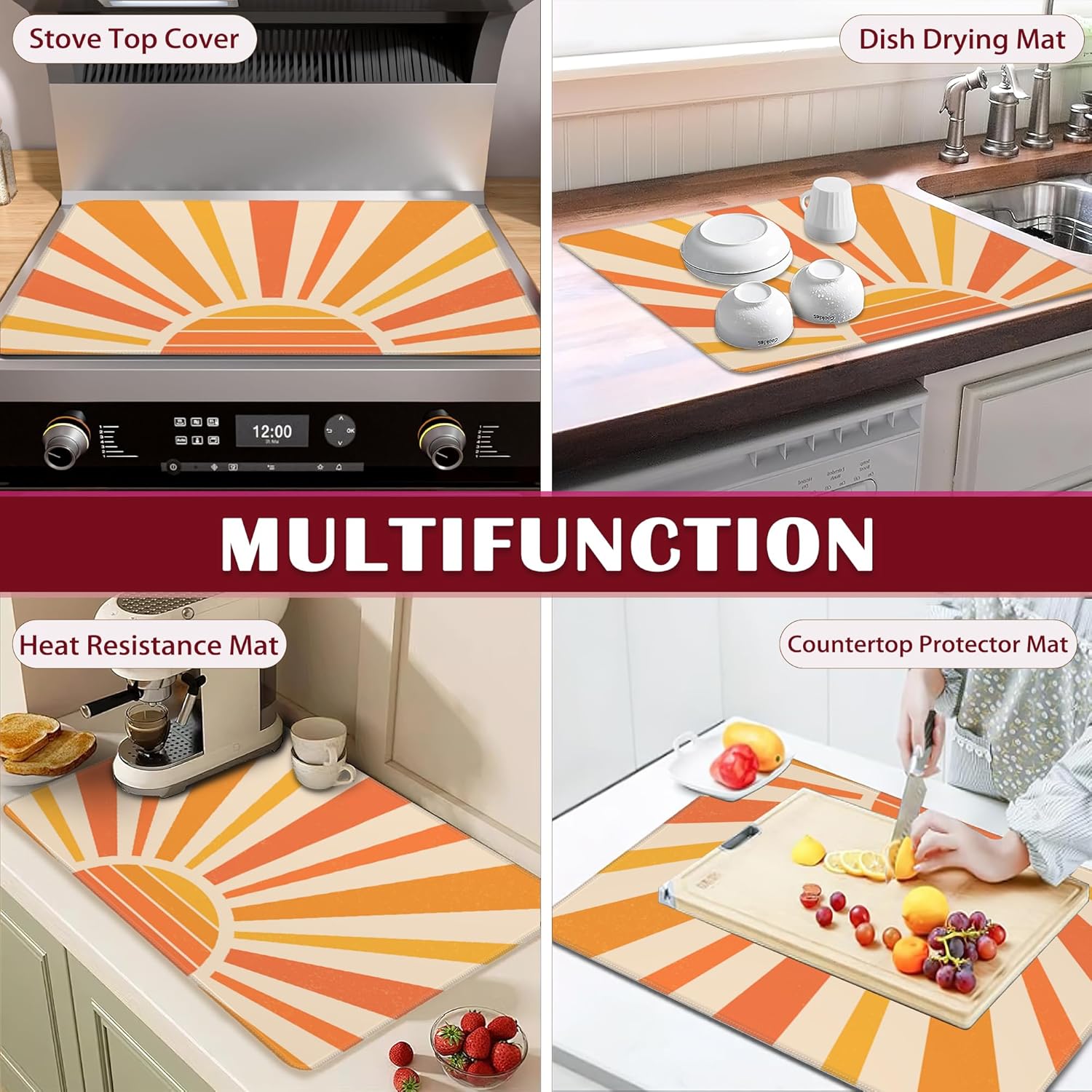 Vintage Boho Sun Stove Top Cover for Electric, Sunrise Sunshine Glass Ceramic Stove Cover, Heat Resistant Flat Stovetop Protector, Dish Drying Mats for Kitchen