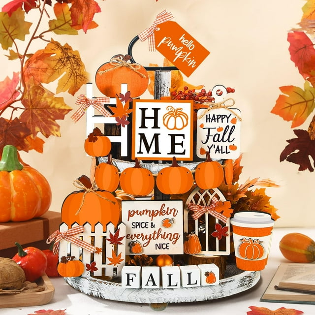 AKEGAMN 15 Piece Autumn Tray Decor Set: Pumpkins Farmhouse & Realistic Maple Leaves For Fall Centerpieces | Clear & Textured Style & Ready-to-Style: Crafted from quality materials like resin and acr