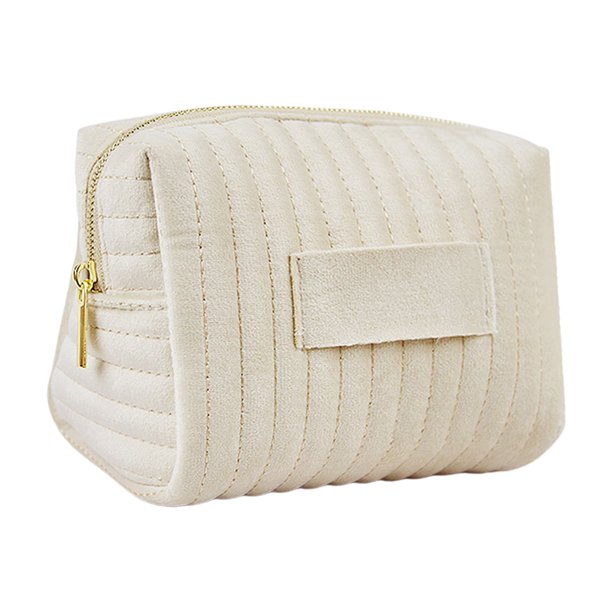 Bolsa de cosméticos de terciopelo a rayas bordadas de gran venta con borde, bolsa de almacenamiento de cosméticos suave de alto valor, bolsa de almacenamiento de cosméticos de poliéster