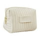 thumbnail image 2 of Neceser de terciopelo a rayas bordadas | Estuche suave para guardar maquillaje | Organizador de viaje impermeable | Estuche beige de 17 x 12 x 9 cm para brochas y cosméticos, 2 of 6
