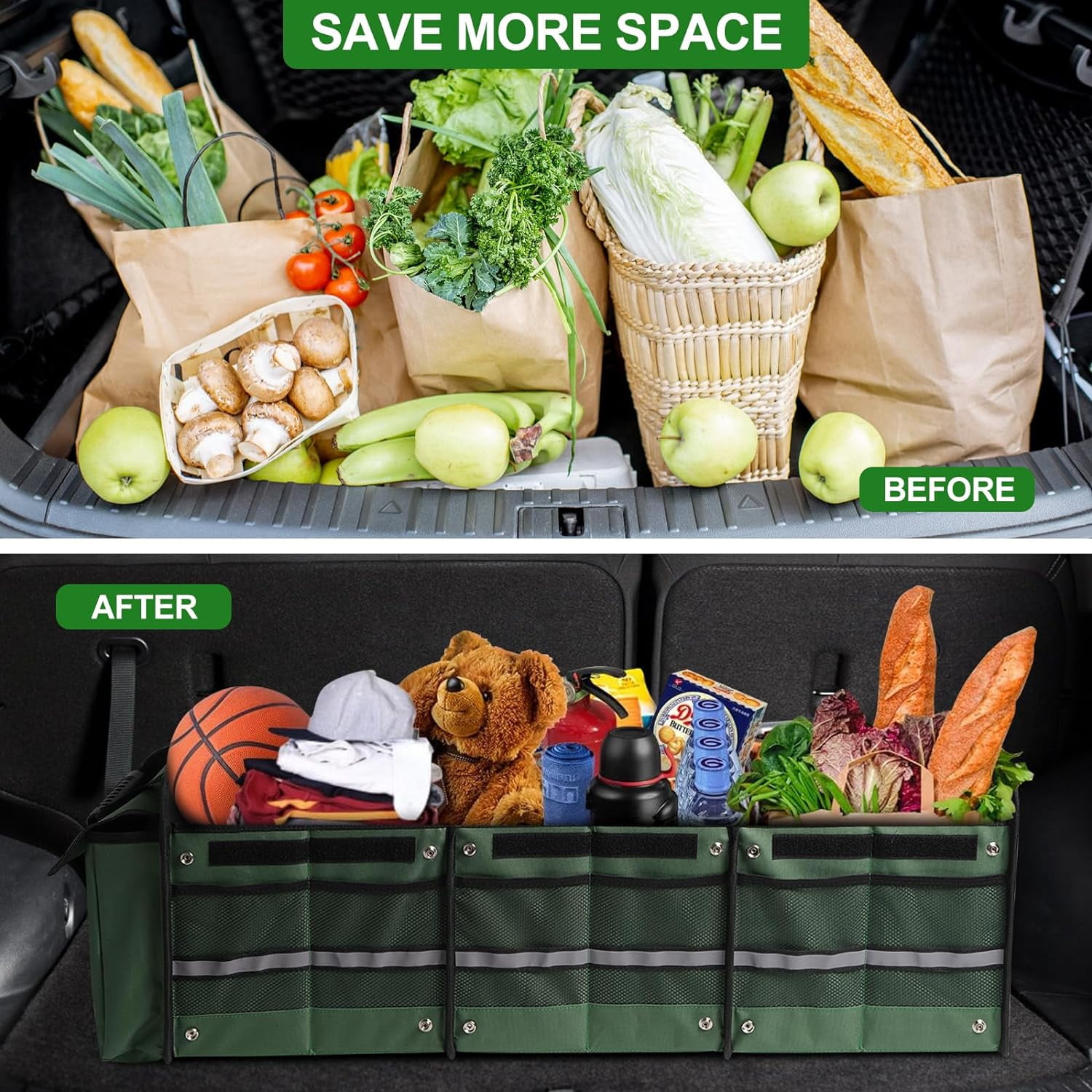 Car Trunk Organizer,Heavy Duty Collapsible Car Trunk Storage Organizer, with Insulated Leakproof Cooler Bag Car Cargo Trunk Organizer with Lid, 3 Compartments, with Straps For Car Suv/Jeep/Sedan