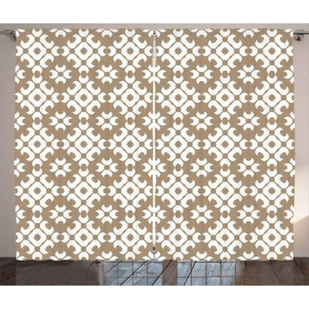 Tan And White Curtains 2 Panels Set Ornamental Floral Pattern