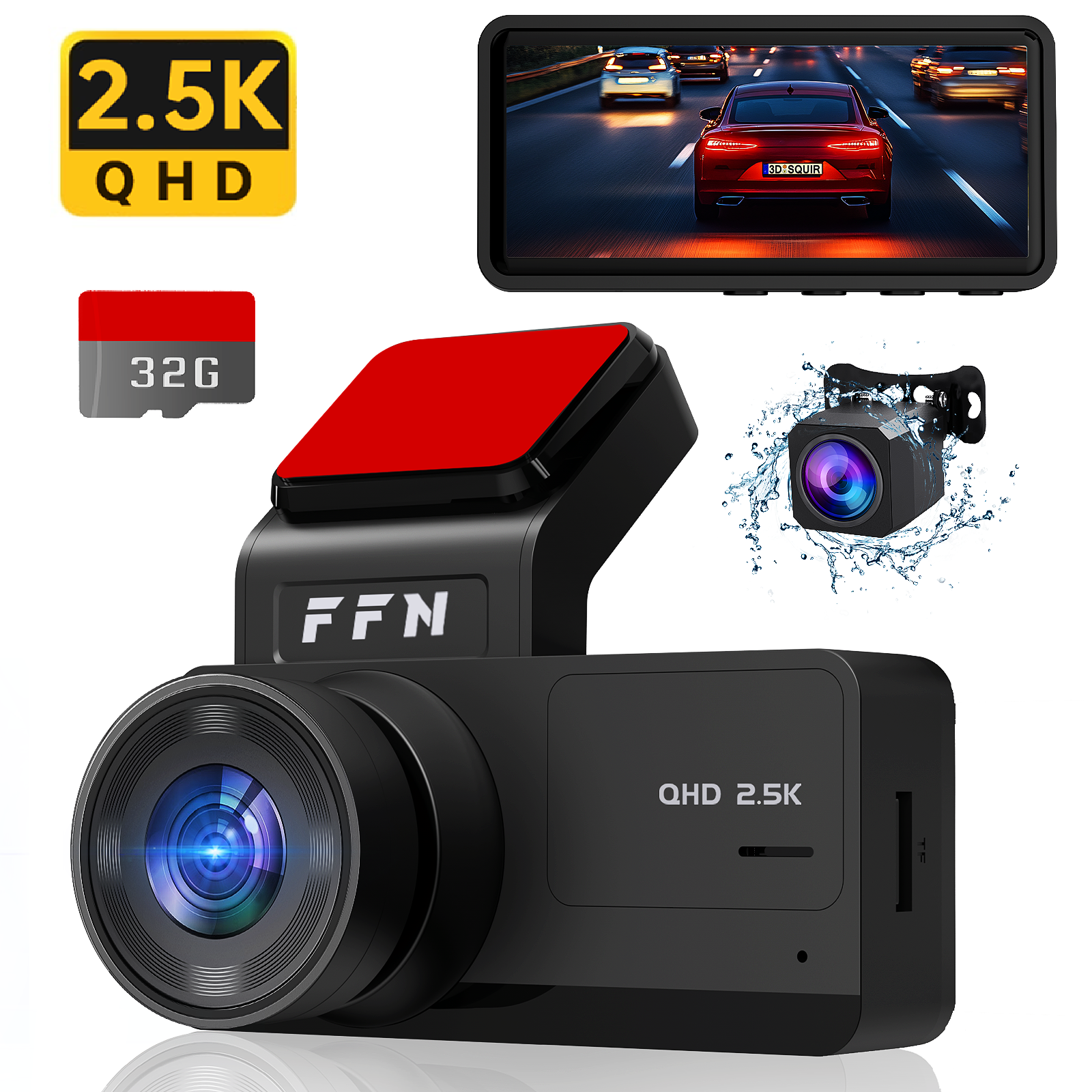 FFN Dual Dash Cam 2.5K Front & 1080P Rear with Night Vision