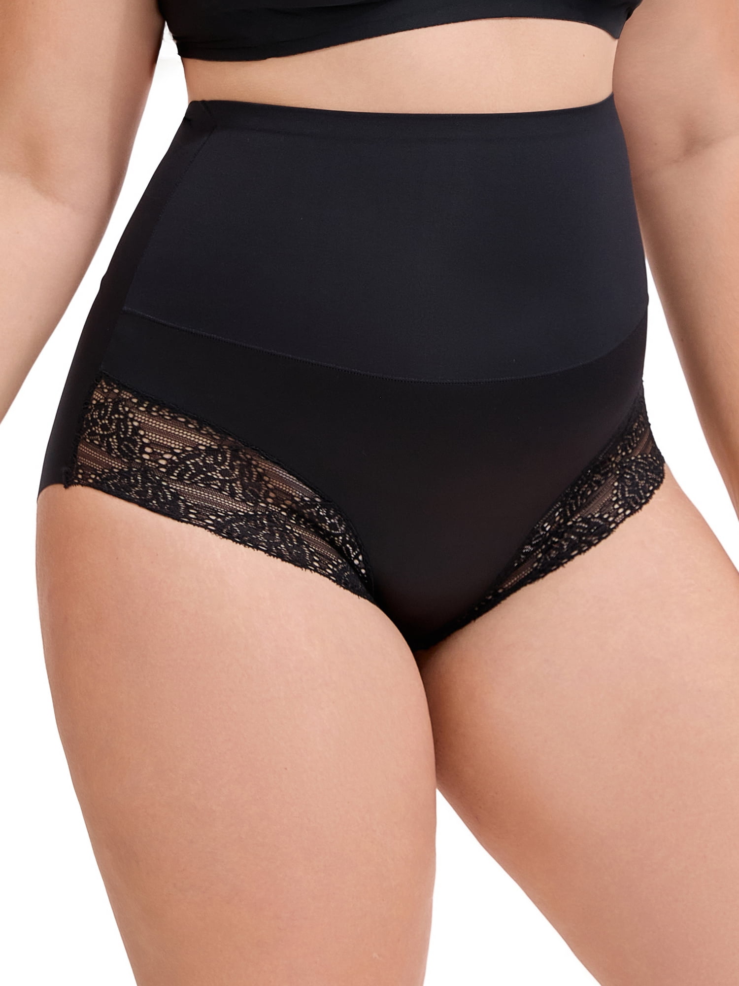 Unique Bargains Lace Trimmed High Waisted Tummy Briefs 2XL Black