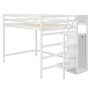 Euroco Modern Wood Full Size Loft Bed with Storage Wardrobe and Shelves for Kids Teens, White