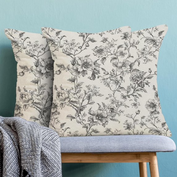 Vintage Black Pillow Covers 18x18 Set of 2 Chinoiserie Floral Throw Pillows Black Flower Pillowcase Linen Outdoor Decorative Cushion Covers for Bed Sofa Couch