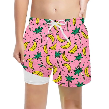 Boys Sporty Swimwear Outfit Sets Shorts Double Layer Mesh Print Pocket Lightweight Trunks Summer Sets for Boy Pink 7-8 Years