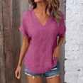 thumbnail image 2 of idosla Womens Summer Gauze Blouses Crinkle Texture V Neck Short Sleeve Pullover Shirts Solid Color Work Camping Outfits Top (Hot Pink, L), 2 of 7