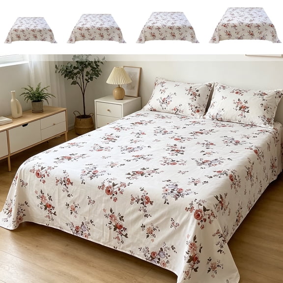 Bed Sheet Flat Single Piece with Floral Patterns Mattress Protective Cover Breathable Soft Easy Clean No-Stick Hair 91x98 Inch by MPOISVA
