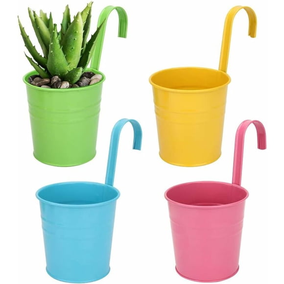 Metal Hanging Flower Pot, Outdoor Flower Pot with Drainage Hole Perfect for Garden, Balcony, Fence, Patio, Decoration 4 Pieces