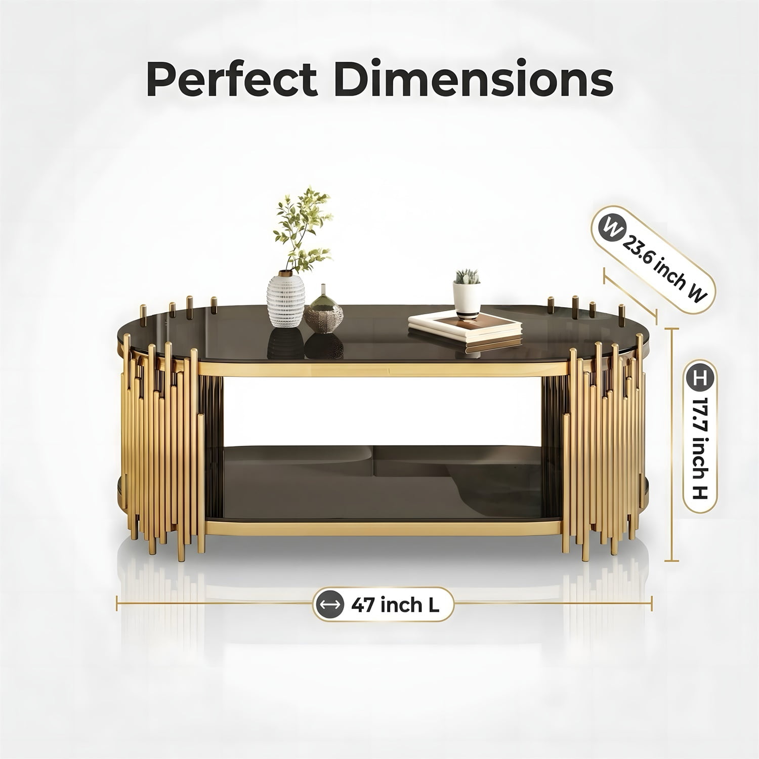 Hommoo Modern Oval Coffee Table with 2-Tier Tempered Glass Shelves, Stainless Steel Organ Pipe Base, Living Room Center Table, Black & Gold