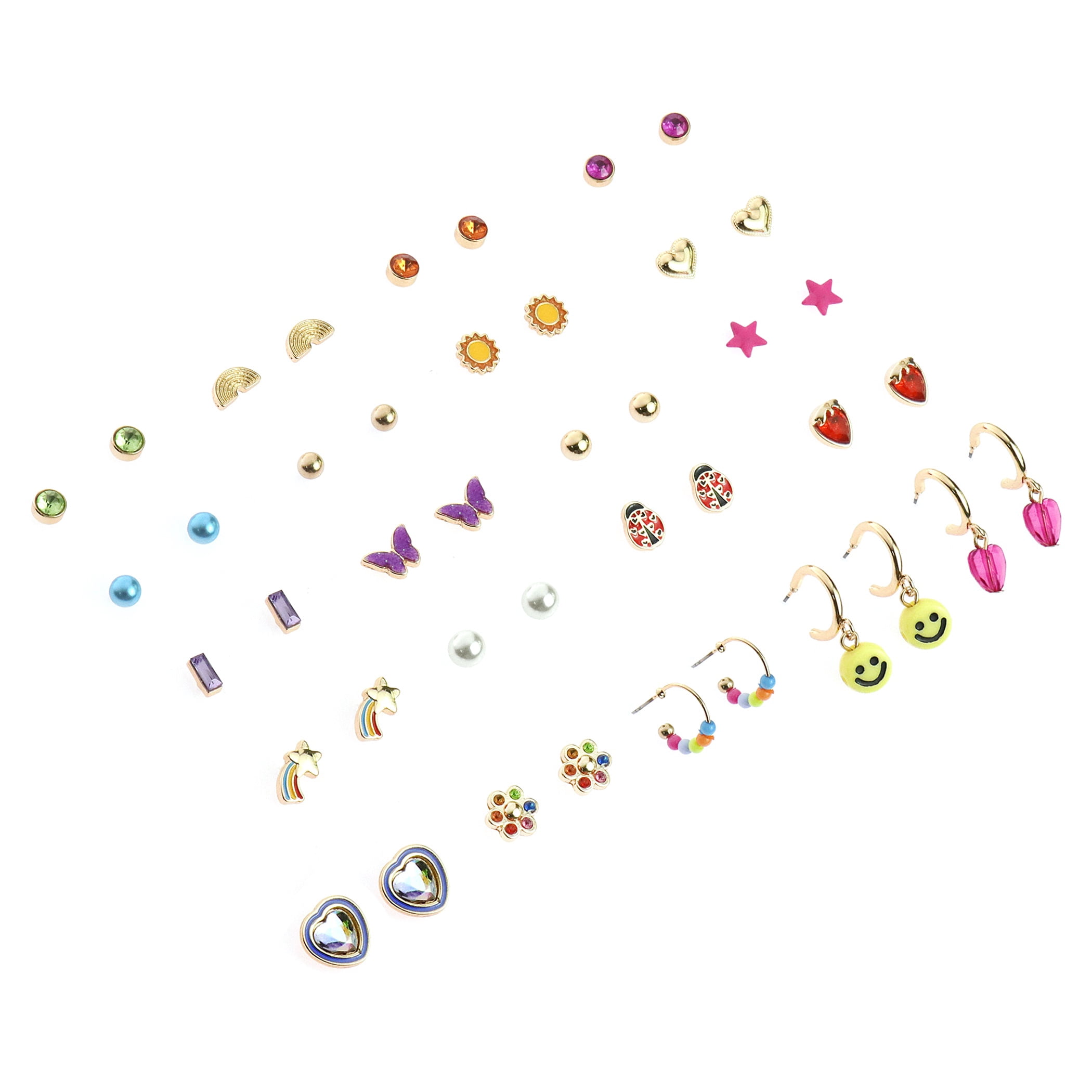 Wonder Nation 21 Pack Earring Set with Smiley Faces and Heart Studs (Girl's)