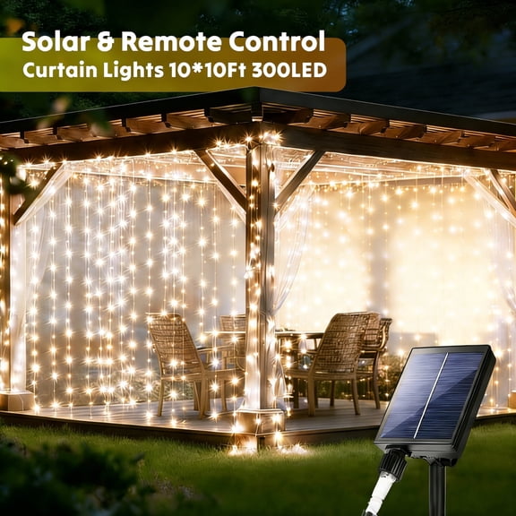Outdoor Solar Curtain Lights 10x10Ft 300 LED Waterfall Twinkle Waterproof with Remote & Timer for Gazebo Wedding Pergola Party