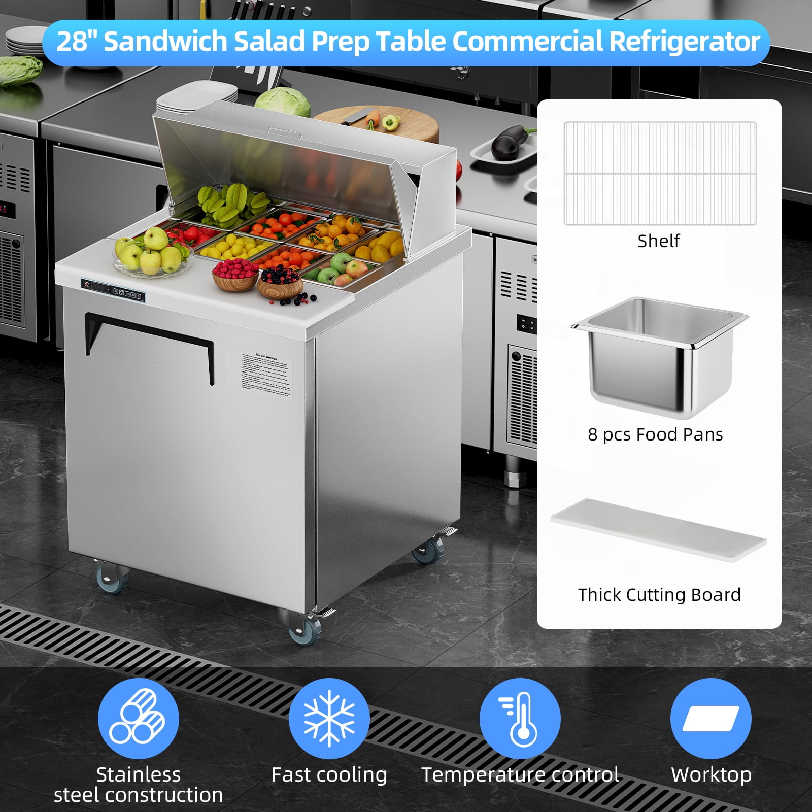 Commercial Refrigerator, 28" Undercounter Worktop Refrigerator,7.4 cu. ft W Single Door Thick Stainless Steel Refrigerator Sandwich Salad Prep Station Cooling with Cutting Board and 8 Pans