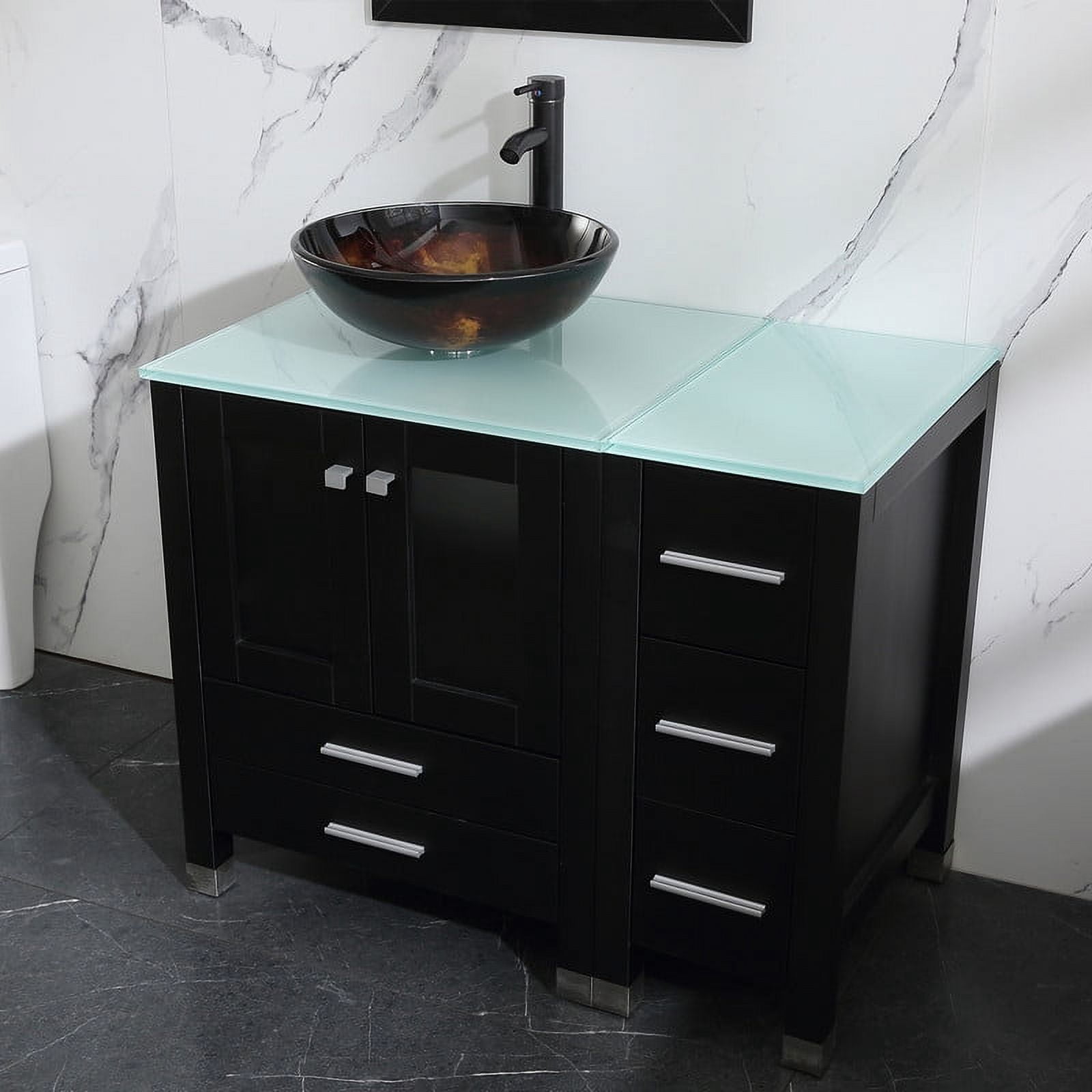 Walsport 36" Luxurious Wood Bathroom Vanity Cabinet Round Tempered Glass Vessel Sink Bowl ORB Faucet Drain Combo Design with Mirror Modern Vanities Set,Black