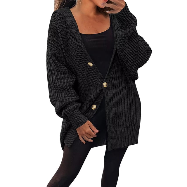 Gibobby Suéter mujer Cárdigans De Mujer Abrigo De Punto Grueso Otoño Invierno CáRdigan Mangas Largas Sólido Abrigo Informal Abrigo Suéter(Negro,M)
