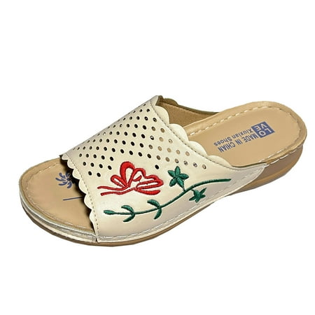 

CLZOUD Slip On Sandals for Women White Women Summer Flowers Slip On Casual Open Toe Wedges Soft Bottom Breathable Slippers Shoes Sandals 39
