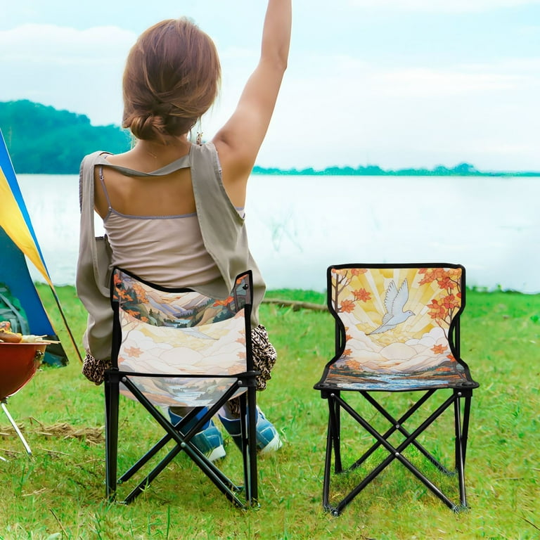 Crane in Autumn Leaves Portable Camping Chair Outdoor Folding Beach Chair Fishing Chair Lawn Chair with Carry Bag Support to 220LBS