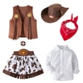 thumbnail image 2 of Cowboy Girls 5 Piece Outfit Long Sleeve Shirt Sleeveless Cardigan Vest with Denim Skirt Hat Western Kids Clothes Set Brown Size 5-6 Y, 2 of 7