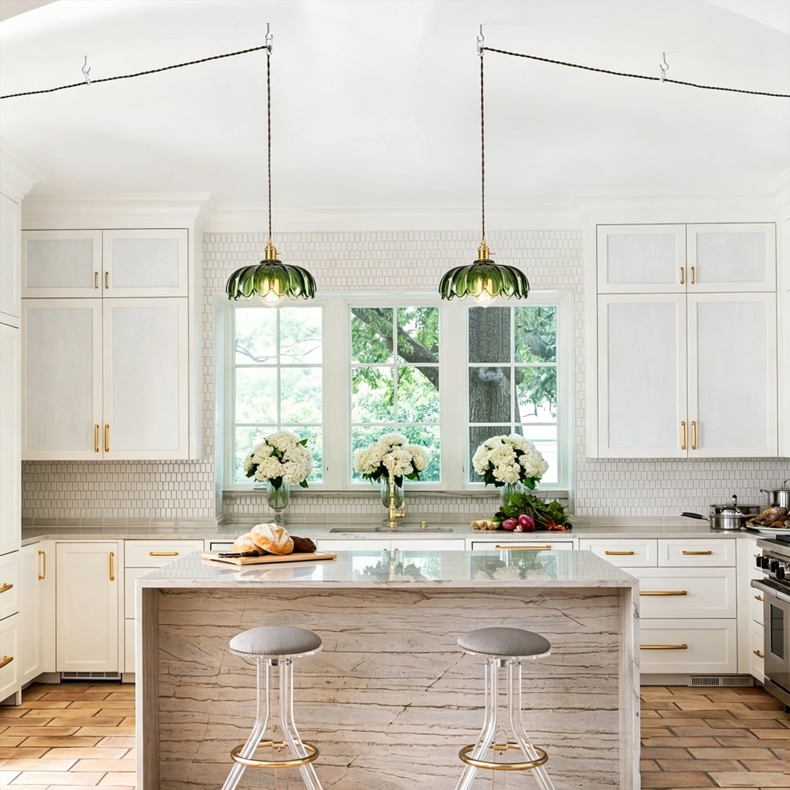 Glass Pendant Lights Plug in, Green Vintage Pendant Light Fixtures,Plug in Hanging Lamp for Dining Room, Living Room, Bedroom (No Bulb Included)