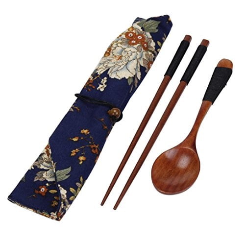 Portable Casual Wooden Chopsticks Spoon Set Cutlery Travel Suit Storage Bag 