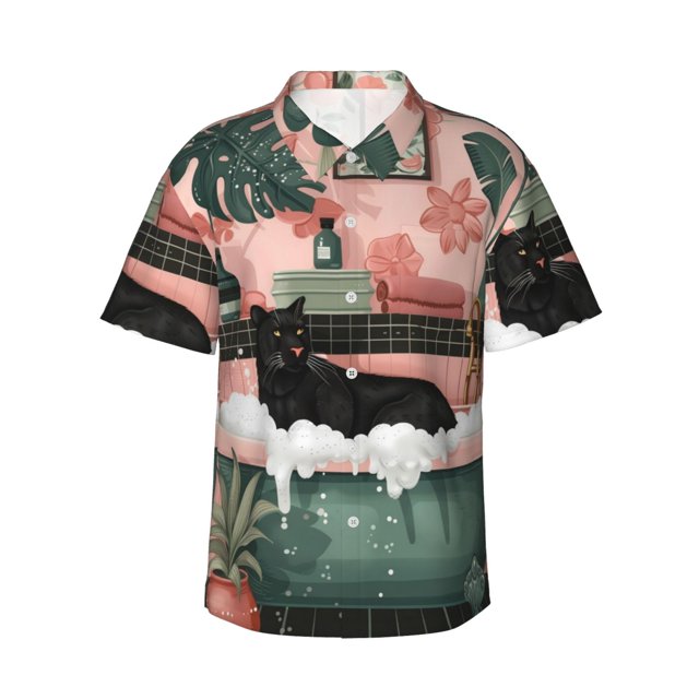 Balery Black Cat Pink Bathroom Camisas hawaianas de manga corta para hombre, camisas playeras de corte holgado, camisas de vacaciones con botones,Large